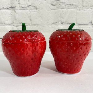 VINTAGE Hazel Atlas Milk Glass Strawberry Jam Jelly Jar With Lid Set of 2